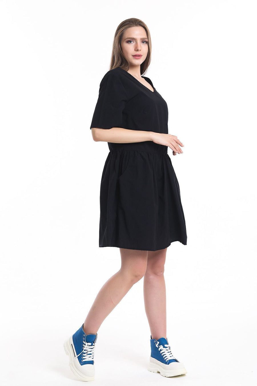 Toptan Cep Detaylı Mini Elbise — Siyah
