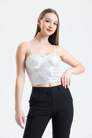 Wholesale Globe-Detail Back-Zipper Sequin Bustier Bst33154 Beige