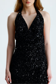 Wholesale Lined Backless Cowl Neck Velvet Sequin Evening Dress