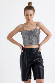 Wholesale Sequined Bustier with Globe Detail and Back Zipper BST33154 Anthracite