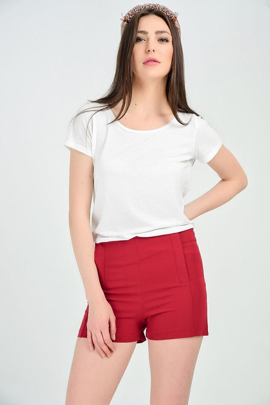 Toptan Sus Cepli Atlas Krep Sort — Bordo
