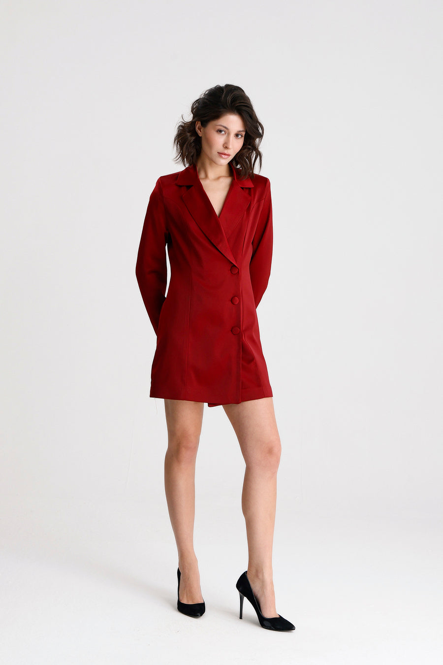 Toptan Kruvaze Yaka İçi Astarlı Saten Blazer Ceket Elbise — Bordo