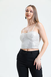 Wholesale Globe-Detail Back-Zipper Sequin Bustier Bst33154 Beige