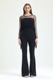 Wholesale Scuba Crepe Jumpsuit with Tulle Tassels and Hidden Zipper