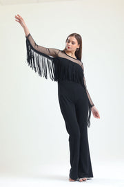 Wholesale Scuba Crepe Jumpsuit with Tulle Tassels and Hidden Zipper