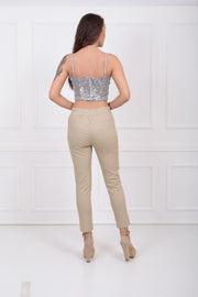 Wholesale Sequined and Patched Lace-Up Side Trousers Pnt32061 Beige