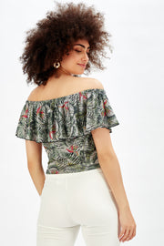 Wholesale Short Ruffled Blouse with Flower and Parrot Pattern Bird Pattern