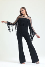 Wholesale Scuba Crepe Jumpsuit with Tulle Tassels and Hidden Zipper