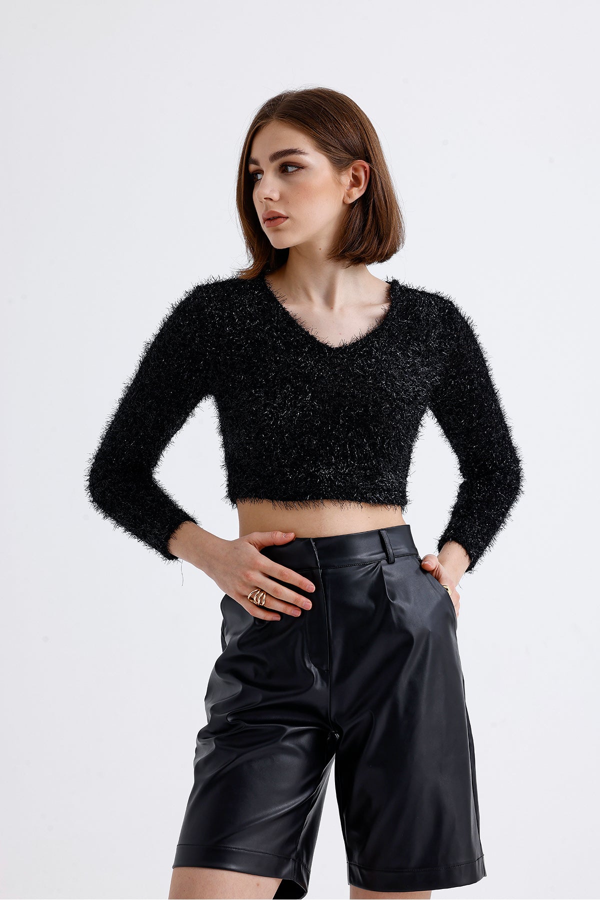 Toptan Simli Sakallı Abiye Crop Bluz