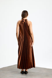 Wholesale High Neck Pleated Detail Satin Maxi Dress
