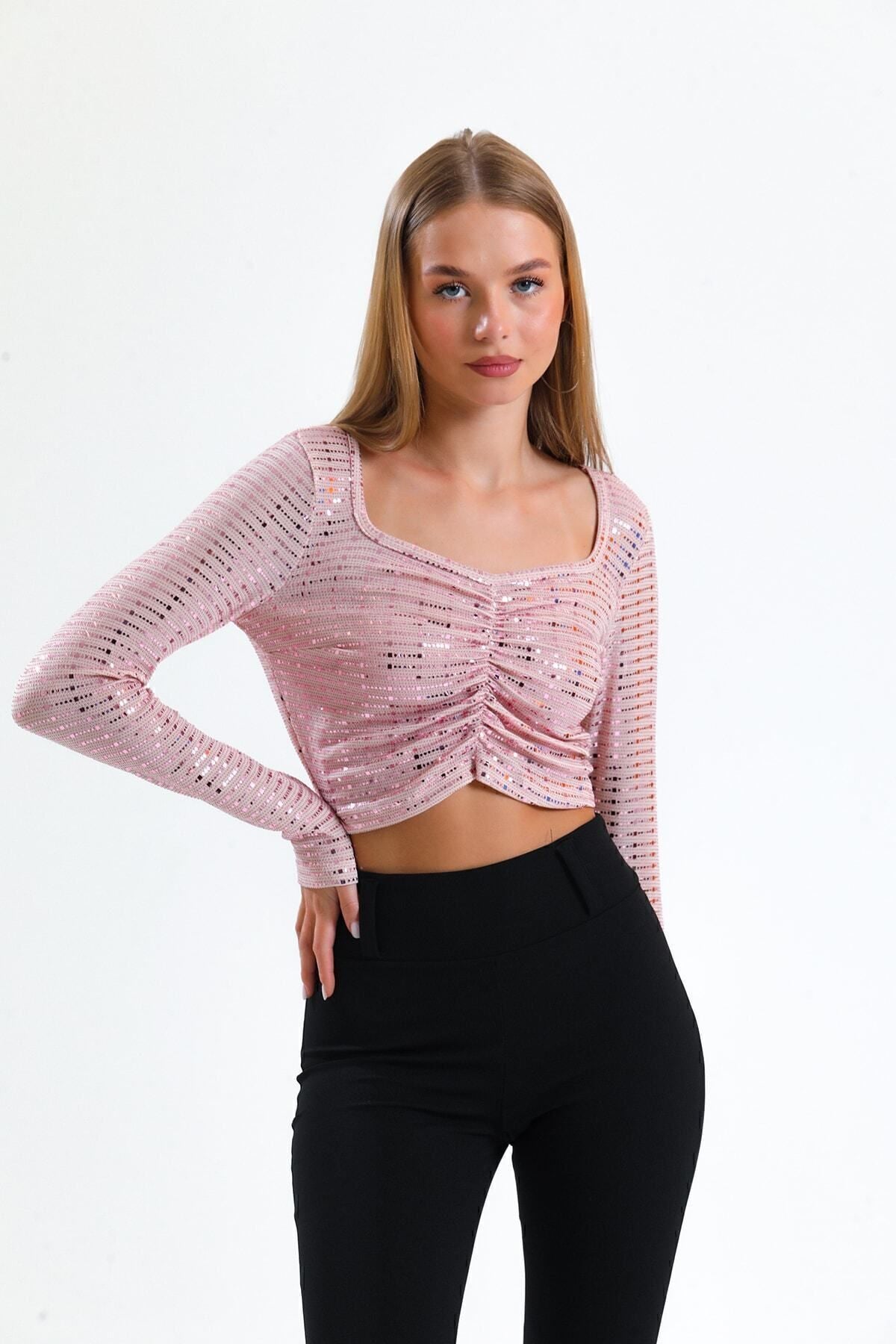 Toptan Uzun Kol Önü Lastik Büzgülü Buzi Payet Bluz Blz34189 Pembe