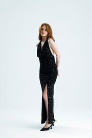 Wholesale Lined Backless Cowl Neck Velvet Sequin Evening Dress