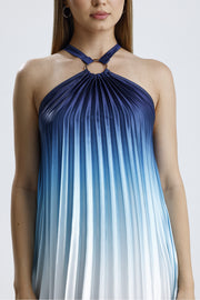Wholesale Blue and White Ombré Pleated Maxi Dress - Halter Neck, Stylish and Elegant