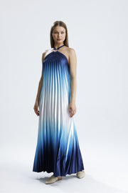Wholesale Blue and White Ombré Pleated Maxi Dress - Halter Neck, Stylish and Elegant