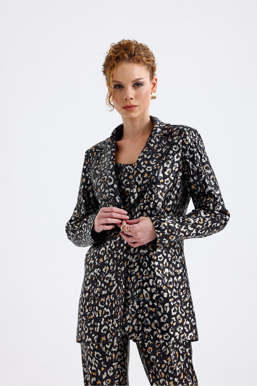 Toptan İci Astarlı Desenli Abiye Pul payet Ceket — Siyah Gold Leopar