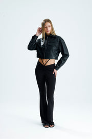 Wholesale Pocket Detailed Zippered Cropped Leather Jacket