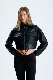 Wholesale Pocket Detailed Zippered Cropped Leather Jacket