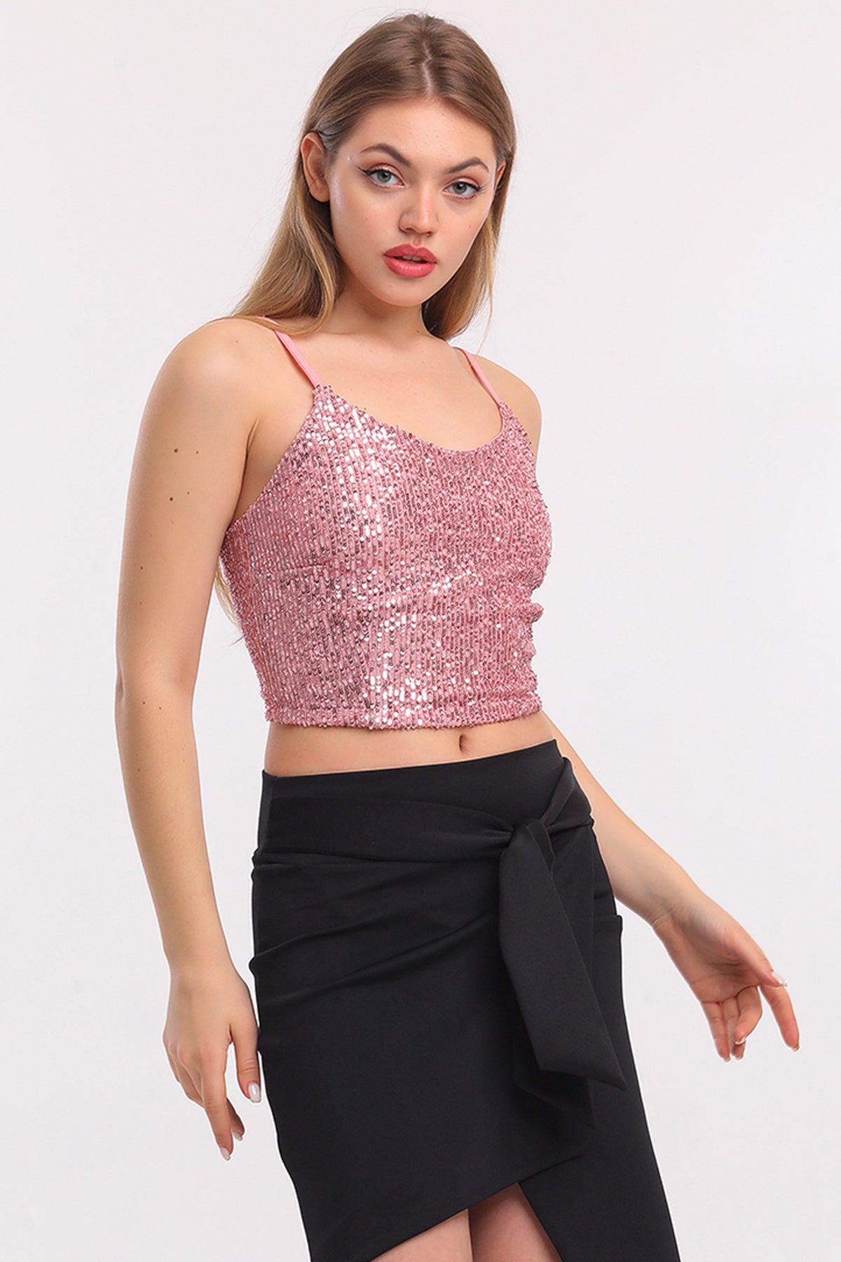Toptan Astarli Croptop Askili Bustiyer_bus32491 Pudra