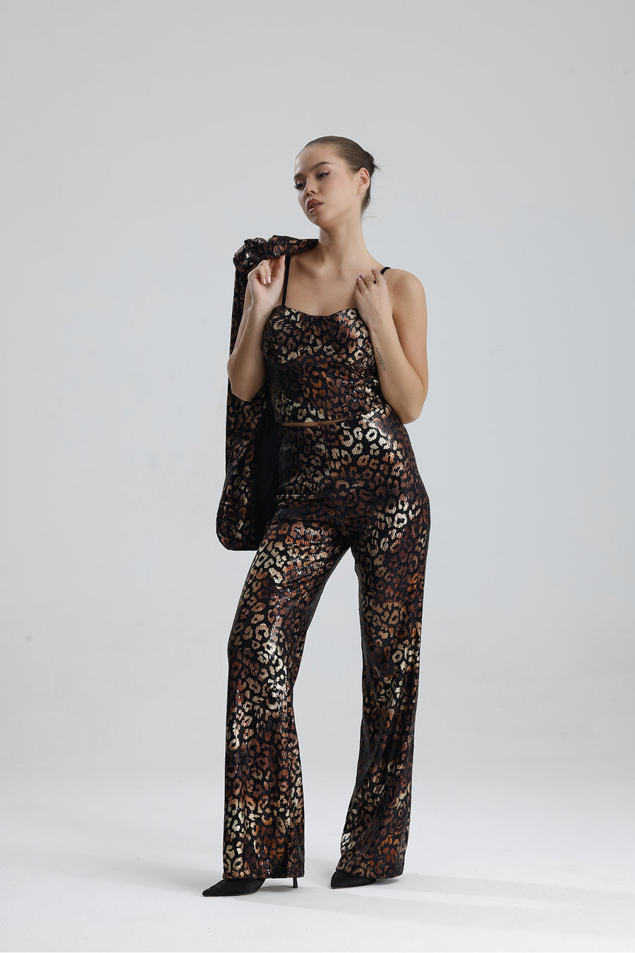 Toptan Geniş Paçalı Payet Pantolon — Siyah Bronz Leopar