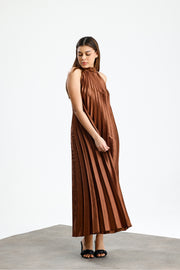 Wholesale High Neck Pleated Detail Satin Maxi Dress