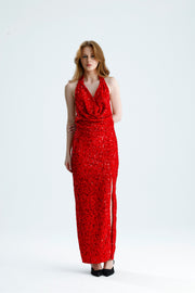 Wholesale Lined Backless Cowl Neck Velvet Sequin Evening Dress