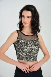 Wholesale Blouse - Sequined Cropped Blouse with Mesh Front and Back Zipper