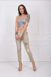 Wholesale Sequined and Patched Lace-Up Side Trousers Pnt32061 Beige
