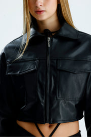 Wholesale Pocket Detailed Zippered Cropped Leather Jacket