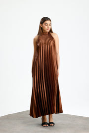 Wholesale High Neck Pleated Detail Satin Maxi Dress