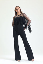 Wholesale Scuba Crepe Jumpsuit with Tulle Tassels and Hidden Zipper