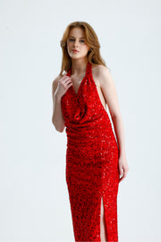 Wholesale Lined Backless Cowl Neck Velvet Sequin Evening Dress
