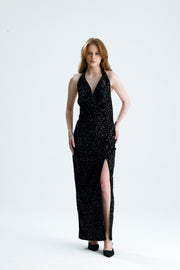 Wholesale Lined Backless Cowl Neck Velvet Sequin Evening Dress