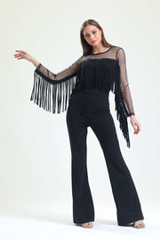 Wholesale Scuba Crepe Jumpsuit with Tulle Tassels and Hidden Zipper