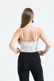 Wholesale Globe-Detail Back-Zipper Sequin Bustier Bst33154 Beige