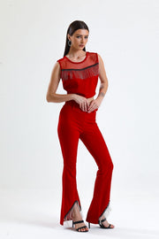 Wholesale Scuba Crepe Evening Trousers with Belt, Sequined Chain Detail at the Waist