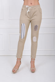 Wholesale Sequined and Patched Lace-Up Side Trousers Pnt32061 Beige