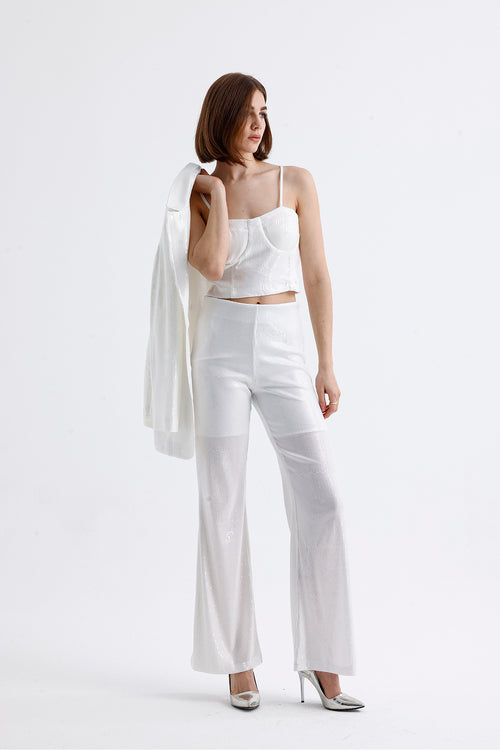 Toptan Abiye Payet Bluz - BUST35066 - Beyaz