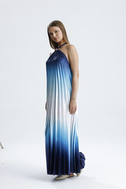 Wholesale Blue and White Ombré Pleated Maxi Dress - Halter Neck, Stylish and Elegant