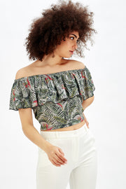Wholesale Short Ruffled Blouse with Flower and Parrot Pattern Bird Pattern