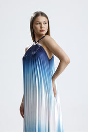 Wholesale Blue and White Ombré Pleated Maxi Dress - Halter Neck, Stylish and Elegant
