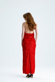 Wholesale Lined Backless Cowl Neck Velvet Sequin Evening Dress
