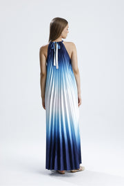 Wholesale Blue and White Ombré Pleated Maxi Dress - Halter Neck, Stylish and Elegant