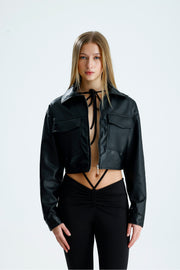 Wholesale Pocket Detailed Zippered Cropped Leather Jacket