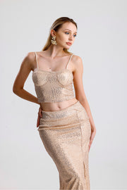 Wholesale Sequin Bustier with Zipper Back and Globe Detail BST33154 Dark Beige