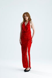 Wholesale Lined Backless Cowl Neck Velvet Sequin Evening Dress