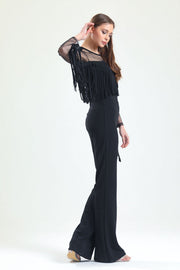 Wholesale Scuba Crepe Jumpsuit with Tulle Tassels and Hidden Zipper