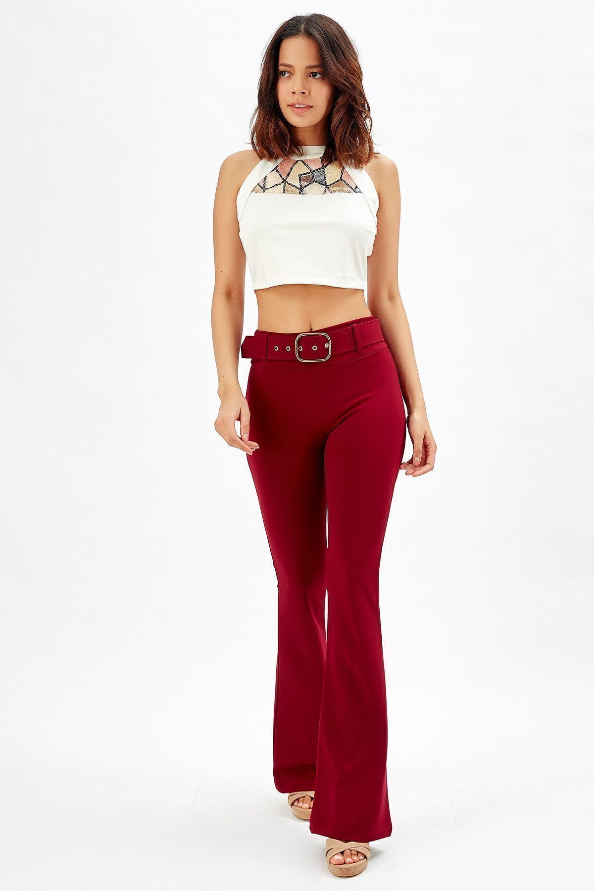 Toptan İspanyol Paça Kemerli Örme Kumaş Pantolon Pnt32439 Bordo