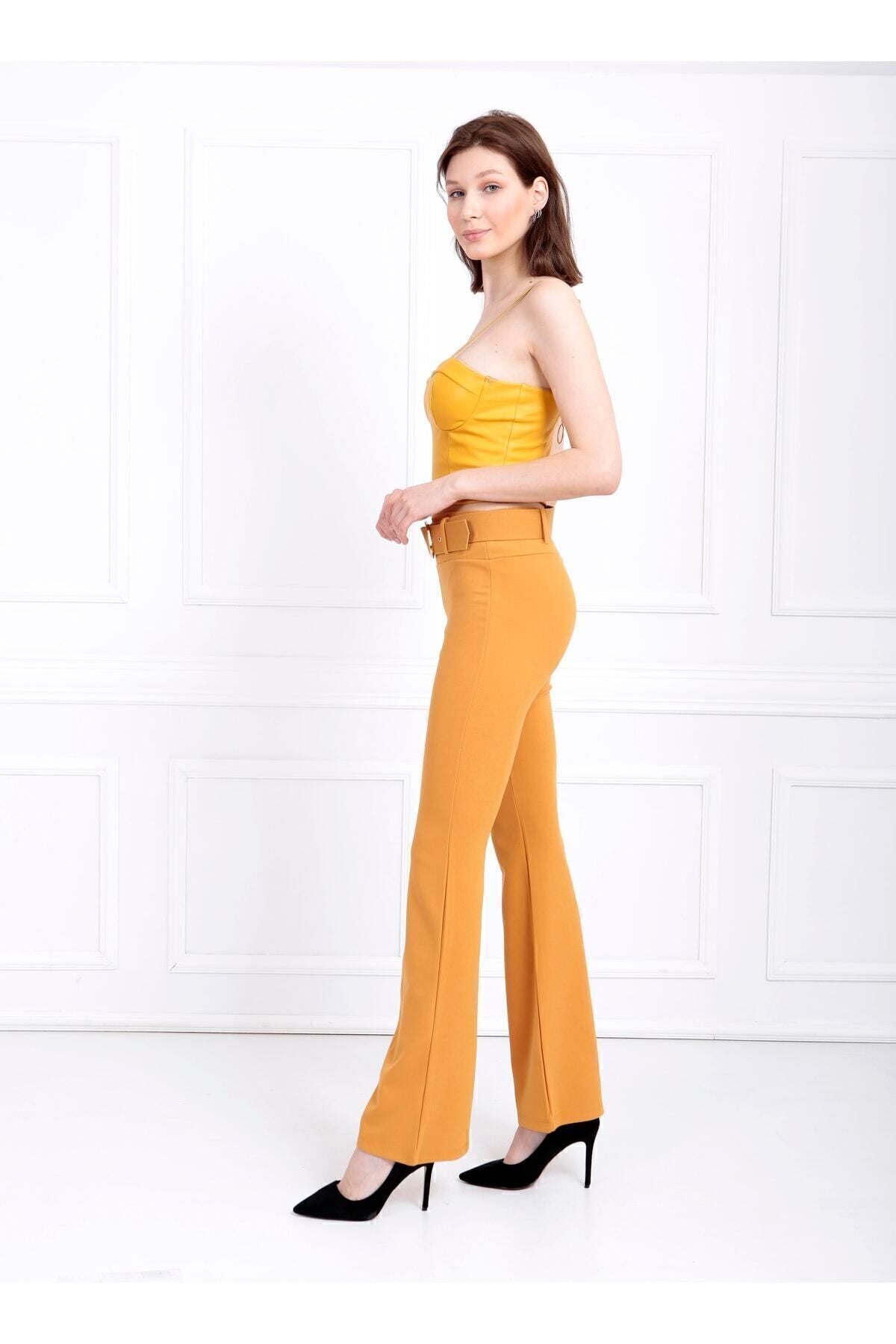 Toptan İspanyol Paça Kemerli Örme Kumaş Pantolon Pnt32439 Hardal