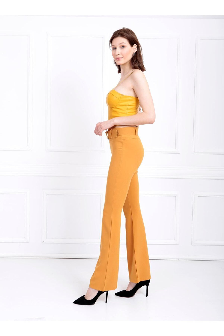 Toptan İspanyol Paça Kemerli Örme Kumaş Pantolon Pnt32439 Hardal — Hardal
